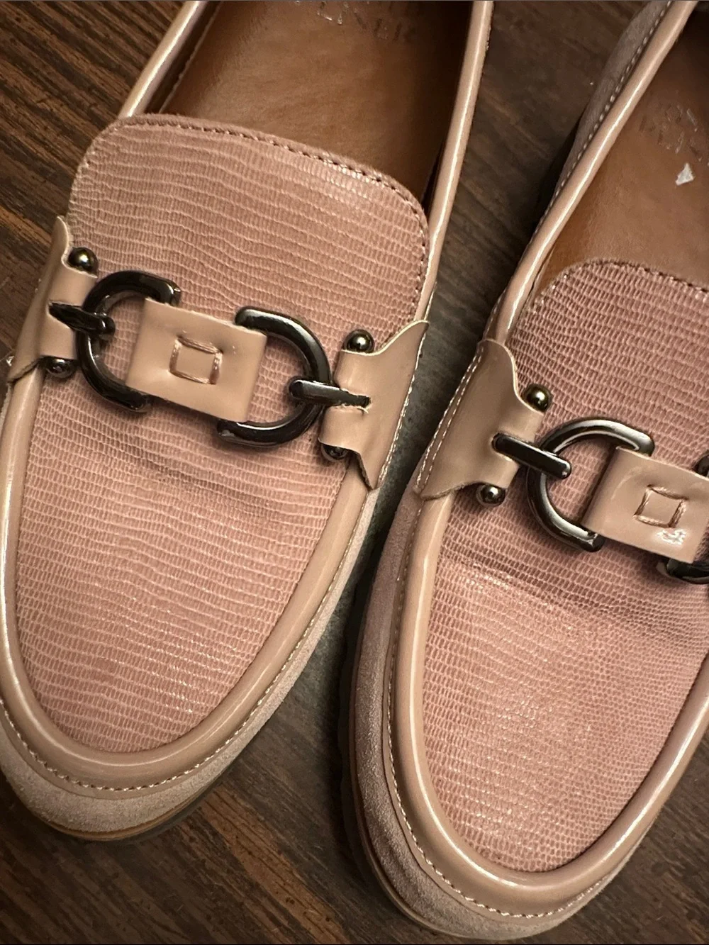 Donald J. Pliner Pale Pink Lizard-Texture Loafers with Metal Bit
